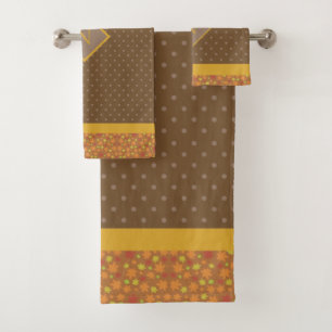 Modern Fall Leaves Monogram Brown Polka Dot Bath Towel Set