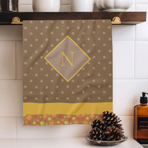 Modern Fall Leaves Monogram Brown Polka Dot Kitchen Towel