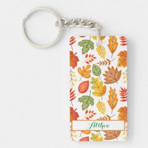 Modern Fall Leaves Pattern Customizable Name  Keychain