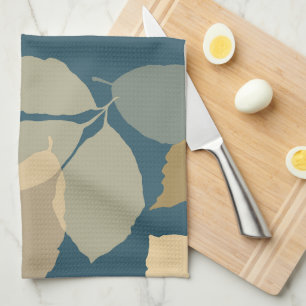 Modern Fall Leaves with Teal Background Kitchen Towel