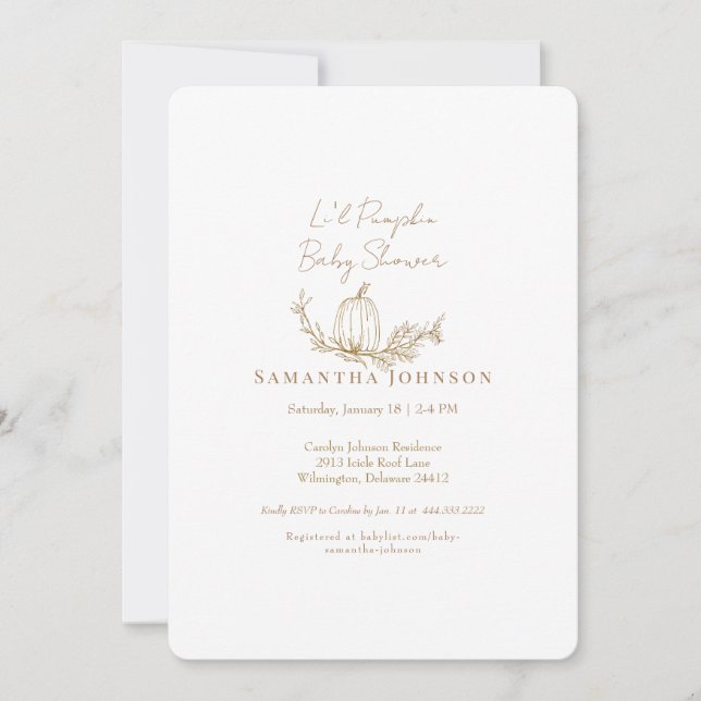 Modern Fall Li'l Pumpkin White Rounded Baby Shower Invitation (Front)