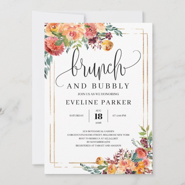 Modern Fall marigold brunch abd bubbuly invitation (Front)