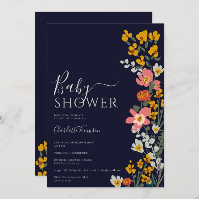 Modern fall retro flowers navy blue baby shower invitation (Front/Back)
