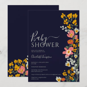 Modern fall retro flowers navy blue baby shower invitation
