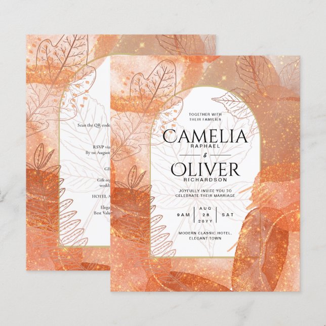 Modern Fall Terracotta Orange Leaf Wedding Invite (Front/Back)