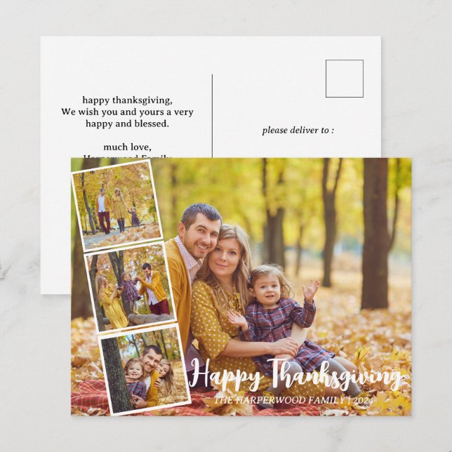 Modern Fall thanksgiving family photo collage  Holiday Postcard (Front/Back)