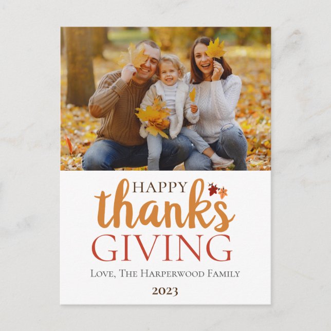 Modern Fall Thanksgiving Family photo  Holiday Postcard (Front)