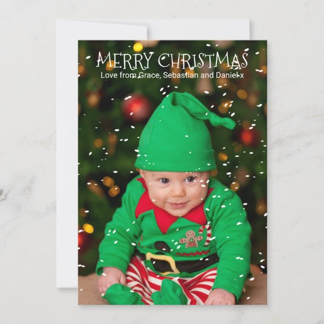 Modern Falling Snow Flakes Personalized Holiday Card (Front)