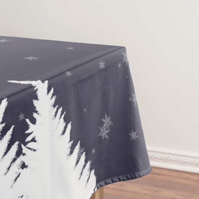 Modern Falling Snow Winter Trees Holiday Party Tablecloth (In Situ)