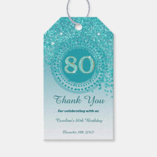 Modern Falling Teal Blue Glitter 80th Birthday Gift Tags
