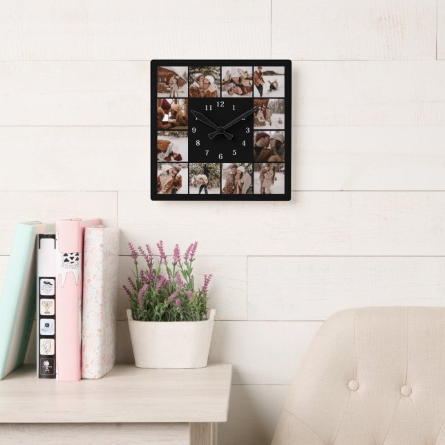 Modern Family 12 Photo Collage Black Keepsake Square Wall Clock (Reading Room)
