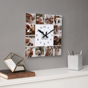 Modern Family 12 Photo Collage   Monogram Keepsake Square Wall Clock