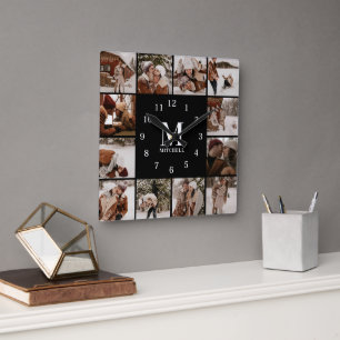 Modern Family 12 Photo Collage Monogram Keepsake Square Wall Clock