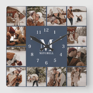 Modern Family 12 Photo Collage Monogram Navy Blue Square Wall Clock