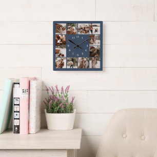 Modern Family 12 Photo Collage Navy Blue Keepsake Square Wall Clock