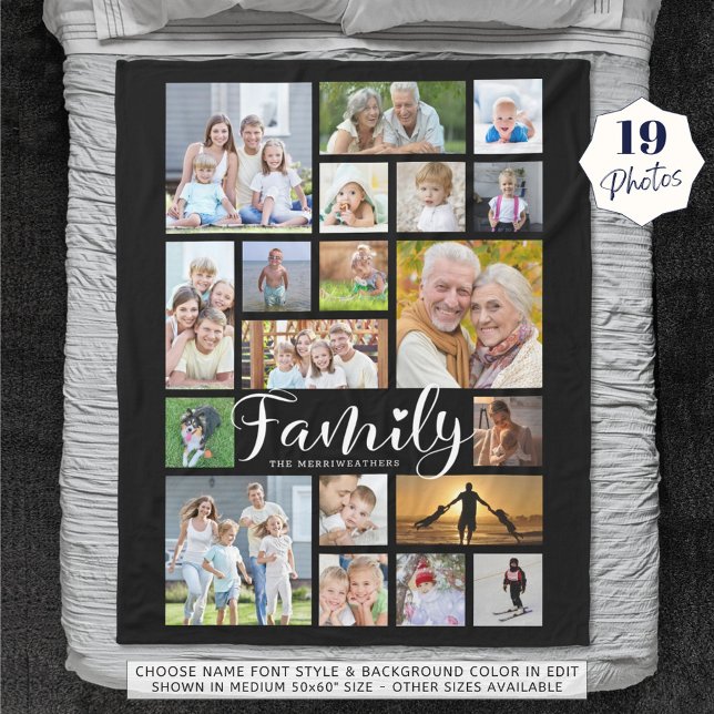 Modern FAMILY 19 Photo Collage Script Heart Black Fleece Blanket (Creator Uploaded)