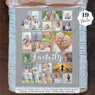Modern FAMILY 19 Photo Collage Script Heart Grey Fleece Blanket