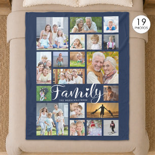 Modern FAMILY 19 Photo Collage Script Heart Navy Fleece Blanket