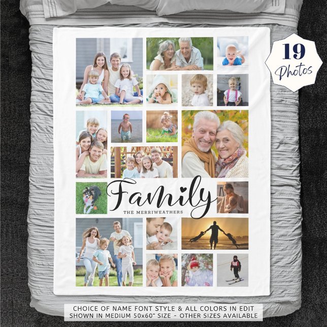 Modern FAMILY 19 Photo Collage Script Personalized Fleece Blanket (Creator Uploaded)