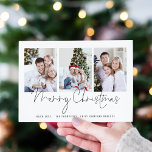 Modern Family 3 Photos Script Merry Christmas Card<br><div class="desc">Modern Family 3 Photos Script Merry Christmas.  Simply replace the three sample photos with your own and personalise with your greeting and names at the bottom. Merry Christmas is in a stylish set script.</div>