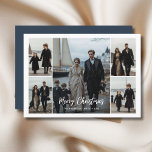 Modern Family Blue Nautical Christmas Beach Photo  Holiday Card<br><div class="desc">This holiday card features a fresh blue and white design, perfect for families who love the beach! With five photo spots, you can show off your favourite family moments. The card has a stylish script and a nautical theme with sailboats, making it look fun and special. It’s a great way...</div>