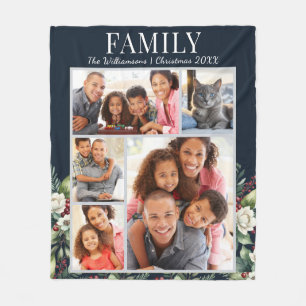 Modern Family Christmas Photo Collage Navy Blue Fleece Blanket