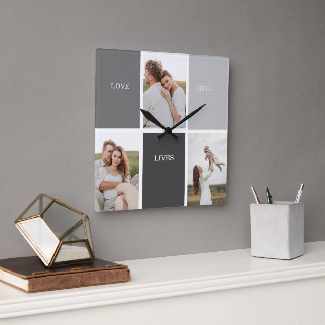 Modern Family Collage Photo & Grey Lovely Gift Square Wall Clock (Office)