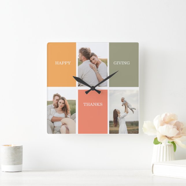 Modern Family Collage Photo | Happy Thanksgiving Square Wall Clock (Home)