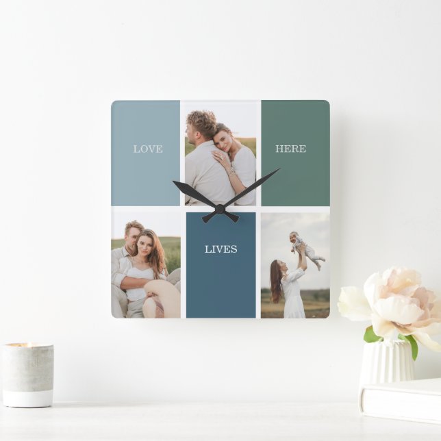 Modern Family Collage Photo | Love Live Here  Square Wall Clock (Home)
