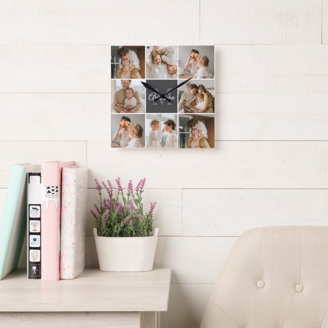 Modern Family Collage Photo & Personalized Gift Square Wall Clock (Reading Room)