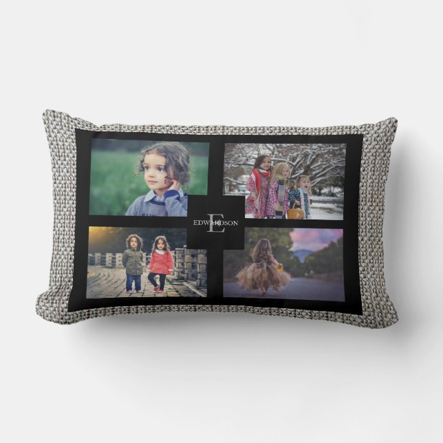 Modern family custom photo collage linen canvas lumbar pillow (Front)