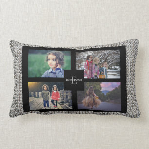 Modern family custom photo collage linen canvas lumbar pillow