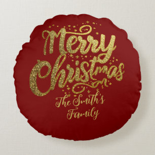 Modern Family Gold Glitter Script Christmas  Round Pillow