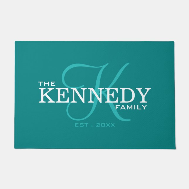 Modern Family Last Name Monogram Initial Teal Doormat (Front)