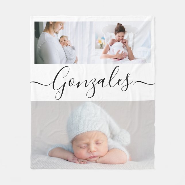 Modern Family lastname Script Personalized Photos  Fleece Blanket (Front)