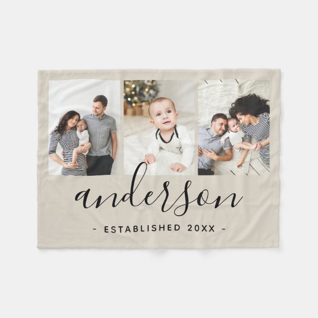 Modern Family Monogram 3 Photo Collage Fleece Blanket (Front (Horizontal))