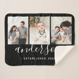 Modern Family Monogram 3 Photo Collage Sherpa Blanket