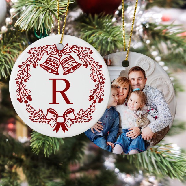 Modern Family Monogram Christmas Photo Ceramic Ornament (Creator Uploaded)