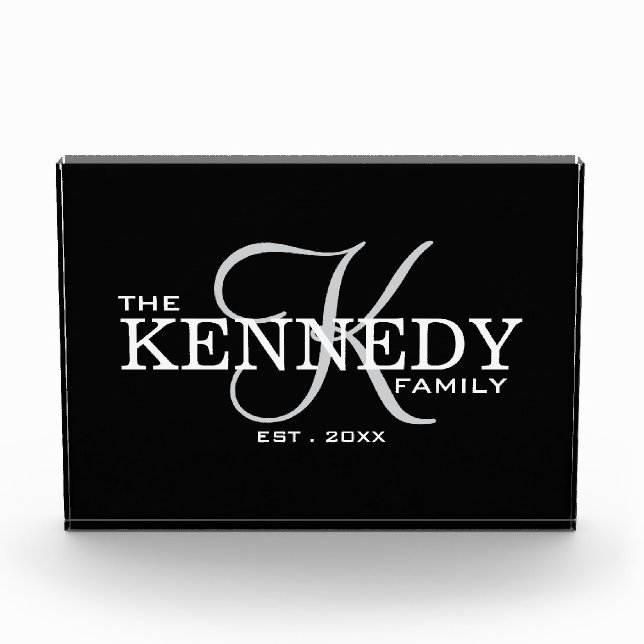 Modern Family Monogram Last Name Typography Black Photo Block (Front)