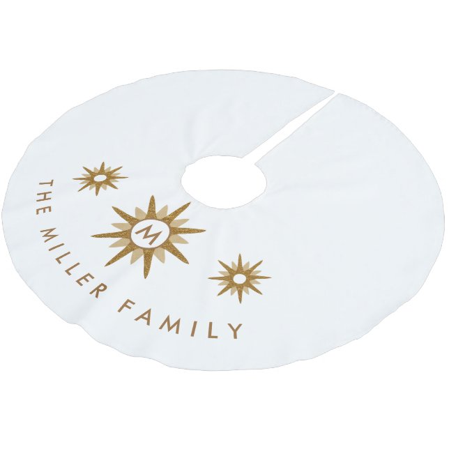 Modern Family Monogram Name Gold Starburst Design Brushed Polyester Tree Skirt (Angled)