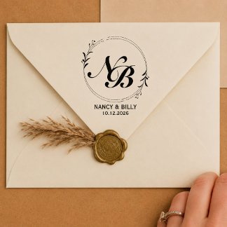 Modern Family Monogram Wreath Return Address Wood Rubber Stamp