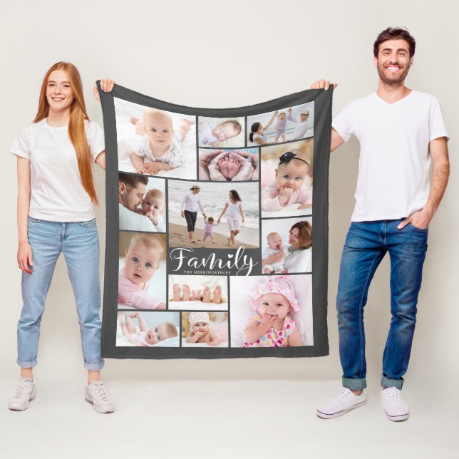Modern Family Name 13 Photo Collage Your Colour  Fleece Blanket (In Situ)