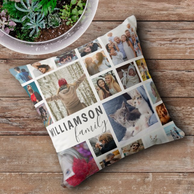 Modern Family Name 21 Photo Collage   Throw Pillow (Creator Uploaded)