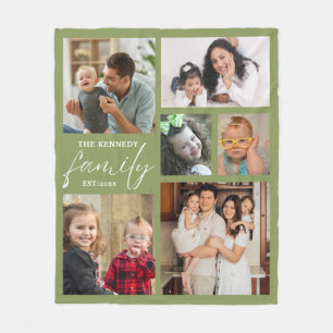 Modern Family Name 6 Photo Collage Green Fleece Blanket