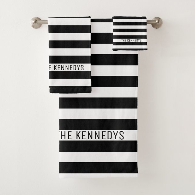Modern Family Name Black And White Striped Bath Towel Set (Insitu)