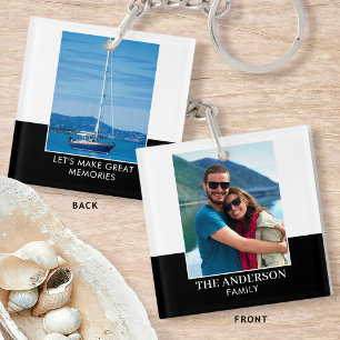 Modern Family Name Custom 2 Photo Black & White Keychain