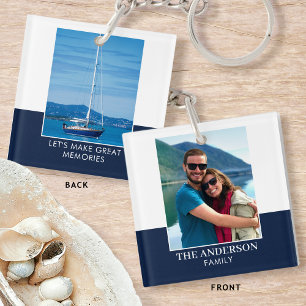 Modern Family Name Custom 2 Photo Navy Keychain