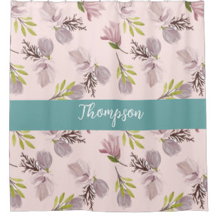 Modern family name cute floral Script pink, blue