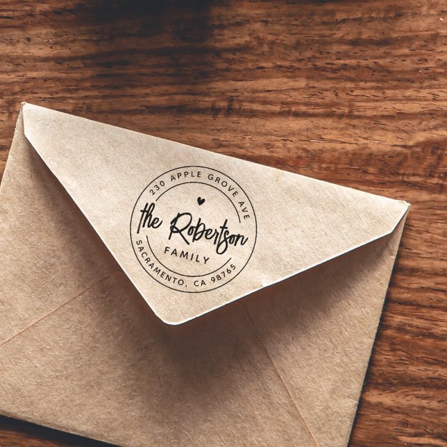 Modern Family Name Heart Return Address Round Logo Self-inking Stamp (Stamp Mockup)