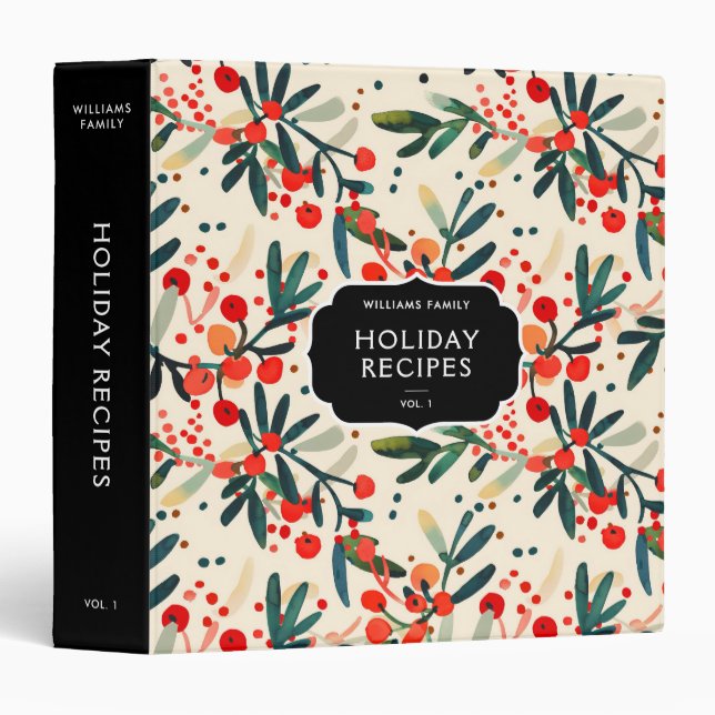 Modern Family Name Holly Berries Holiday Recipe Binder (Front/Spine)